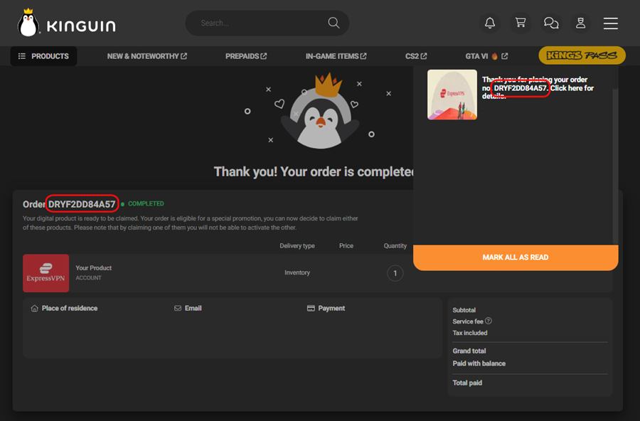 Kinguin bell notification showing Order ID