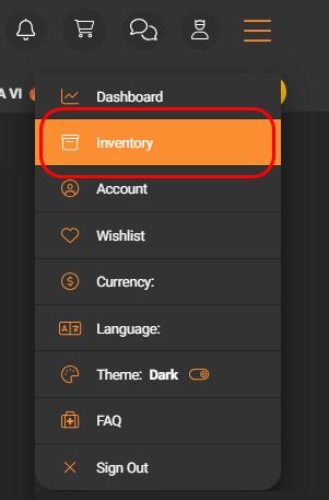 Kinguin menu with Inventory option